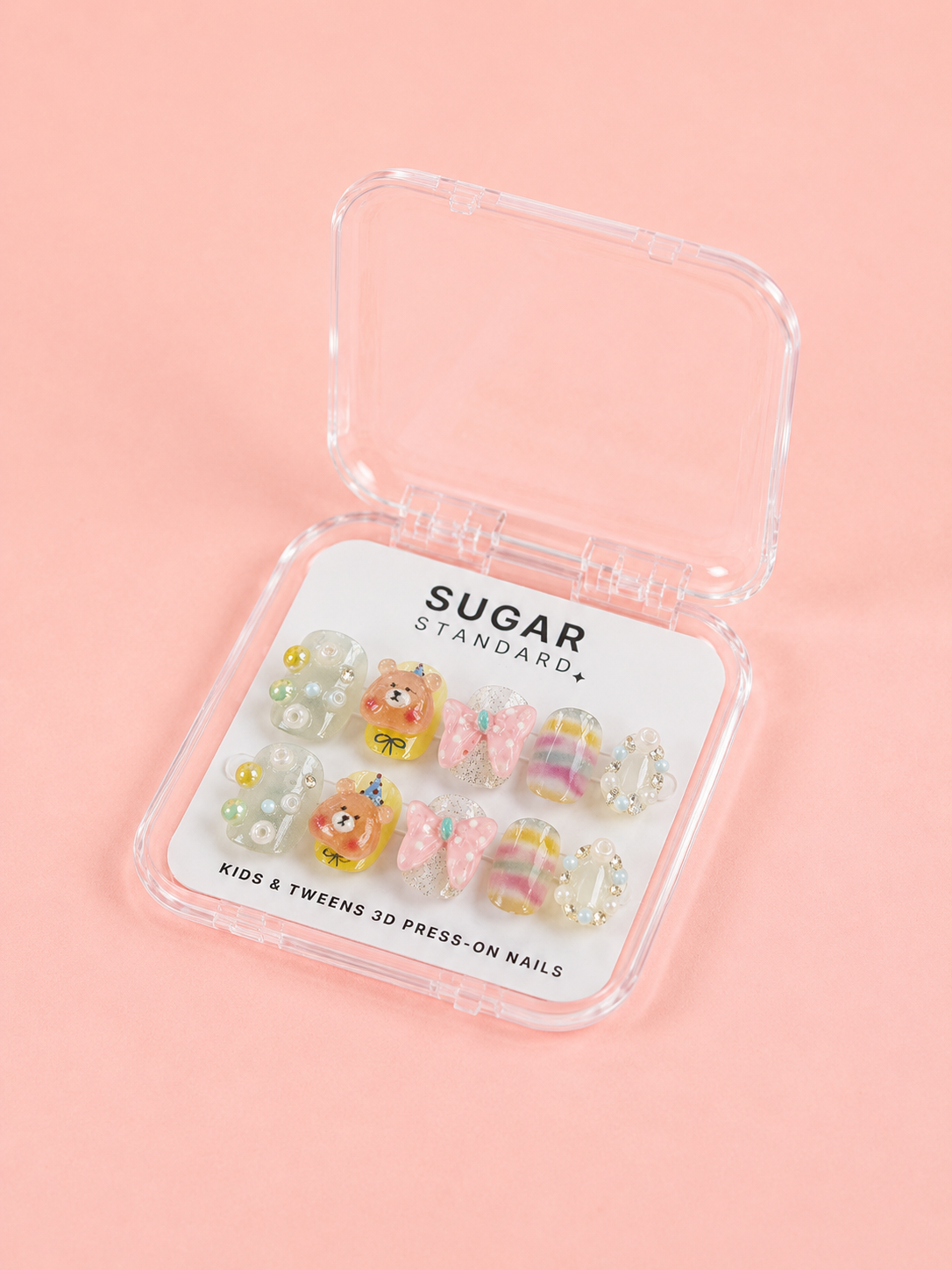 Tween 3D Press-On Nails – Bubblegum Bear (Ages 8–12)
