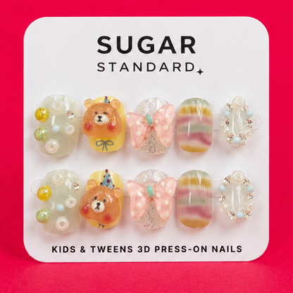 Tween 3D press-on nails for girls with bear charm design