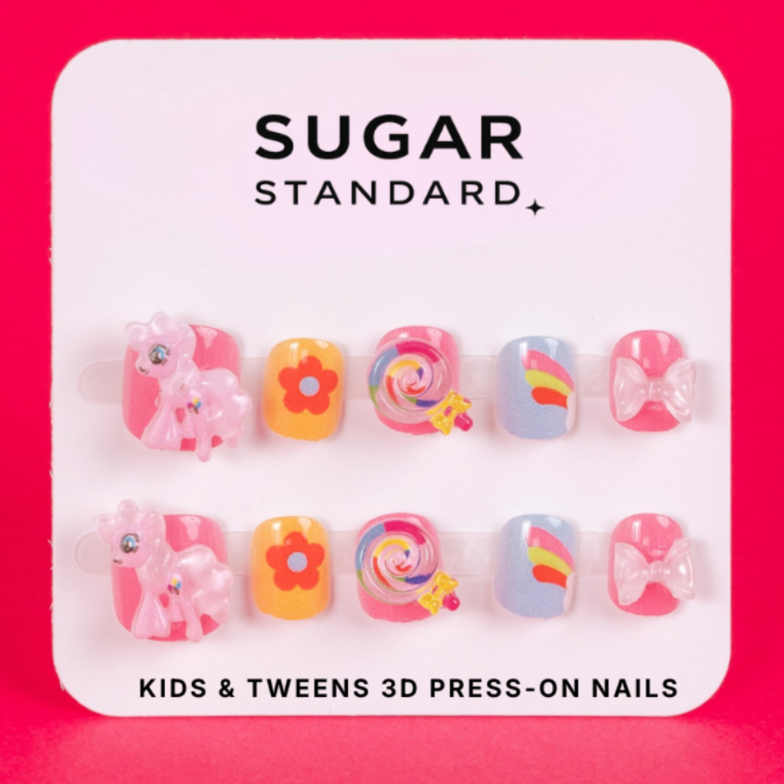 Kids 3D press-on nails with rainbow pony design