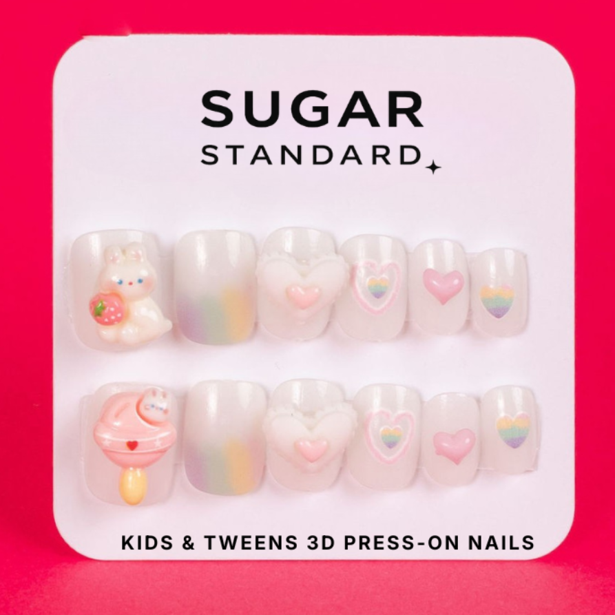 Tween 3D press-on nails with rainbow pony design