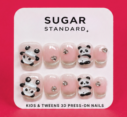 Tween 3D press-on nails for kids with panda charm design