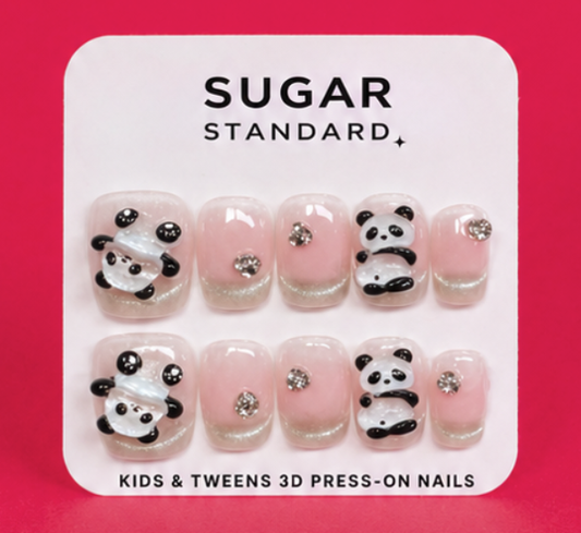 Tween 3D press-on nails for kids with panda charm design